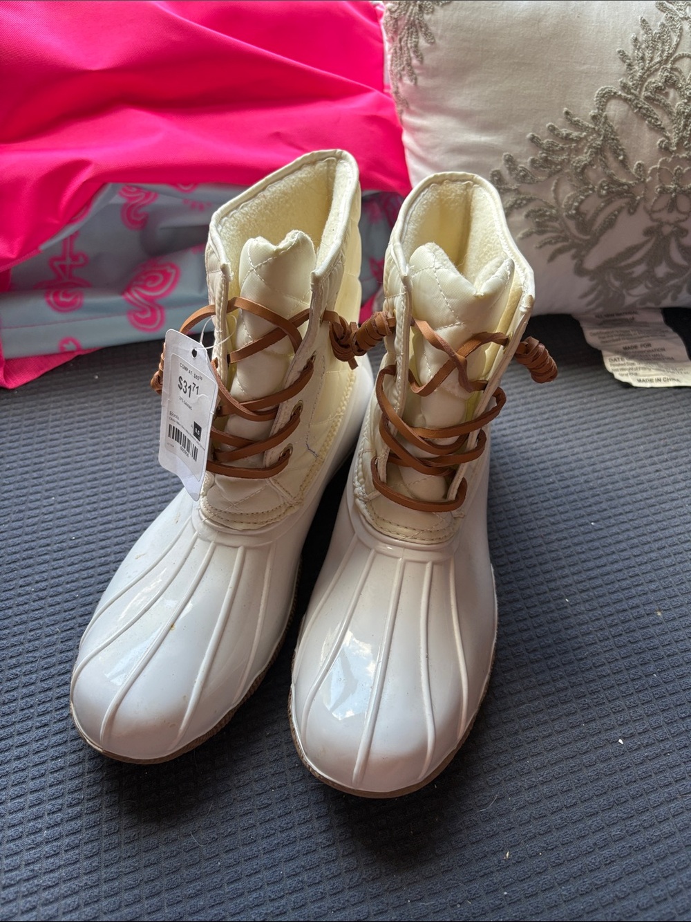 Olivia Miller Cream Waterproof Duck Boots with Brown Laces